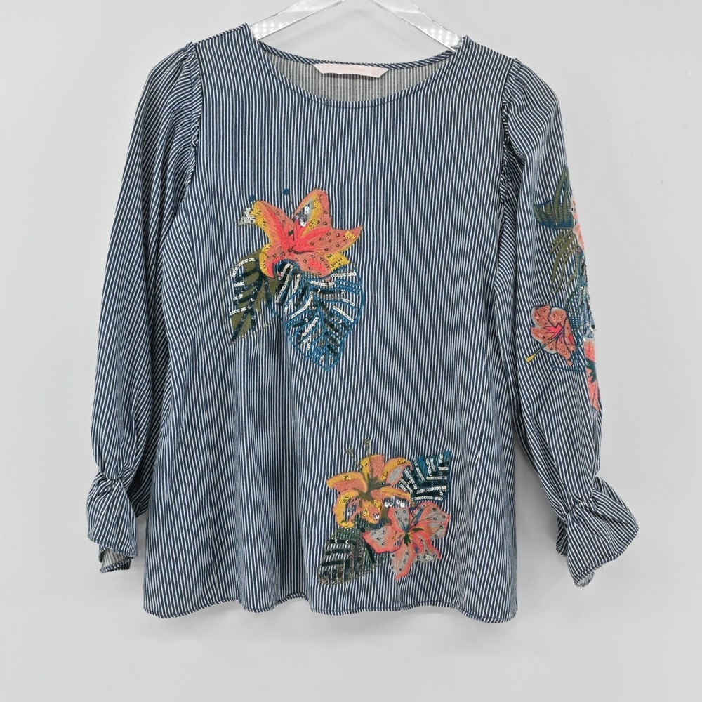 ZARA Top Womens Size XS Blouse Floral Embroidered Stripe Balloon Sleeve Denim